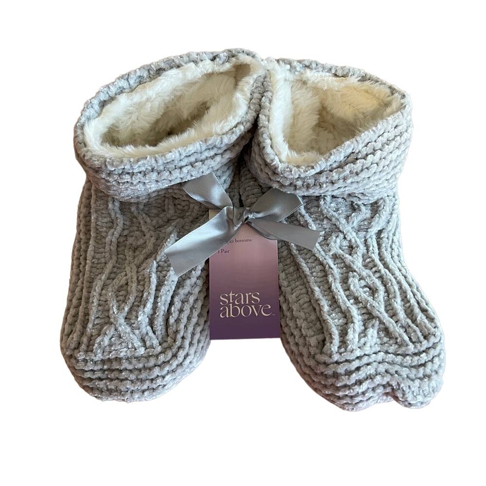 Stars Above Women's Gray Cable Chenille Booties With Grippers - One Size - NWT